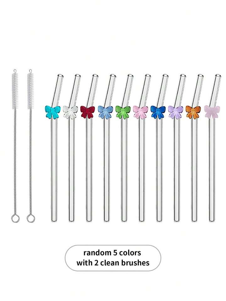 10pcs Bow-Themed Glass Straws With 2 Cleaning Brushes, Reusable Curved Drinking Straws For Home, ... | SHEIN