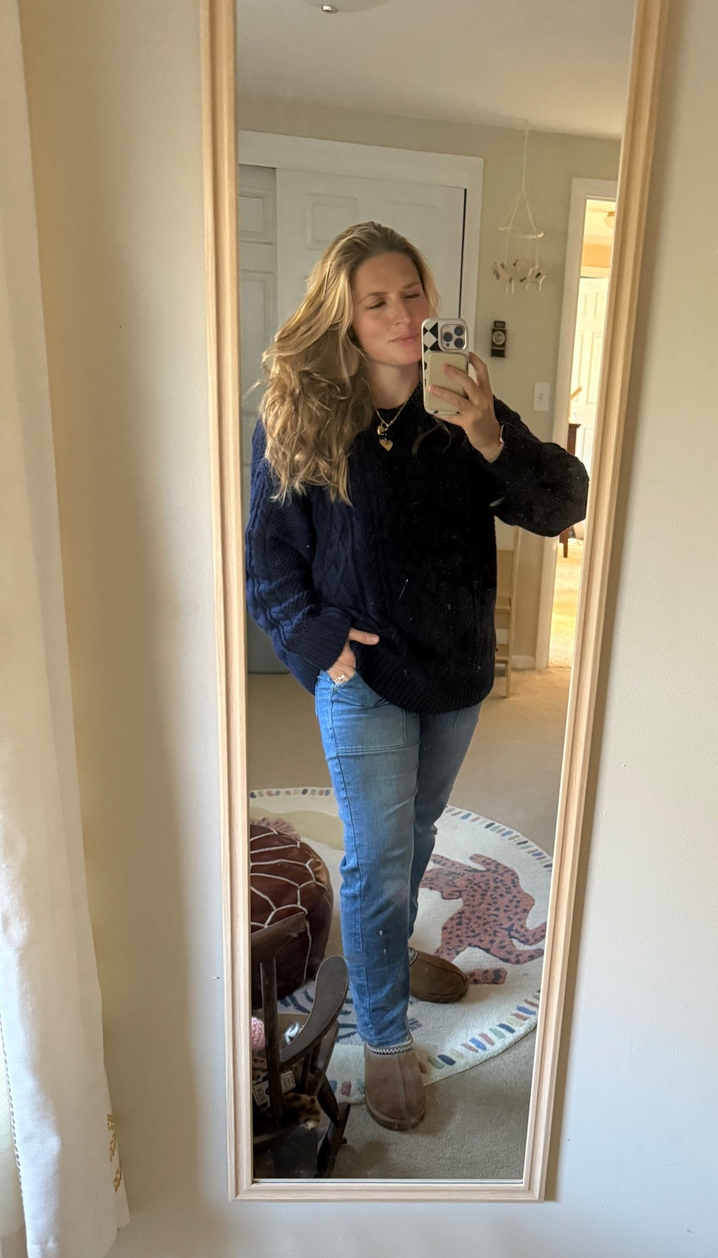 Postpartum fit — loving this oversized sweater. 100% cotton and affordable. Wearing size M. I’ve also been reaching for this charm necklace every day this fall! 

Five weeks postpartum, fourth trimester, cozy fall fit, cable knit sweater, navy sweater, Ugg slippers 

#LTKShoeCrush #LTKFindsUnder50 #LTKSeasonal