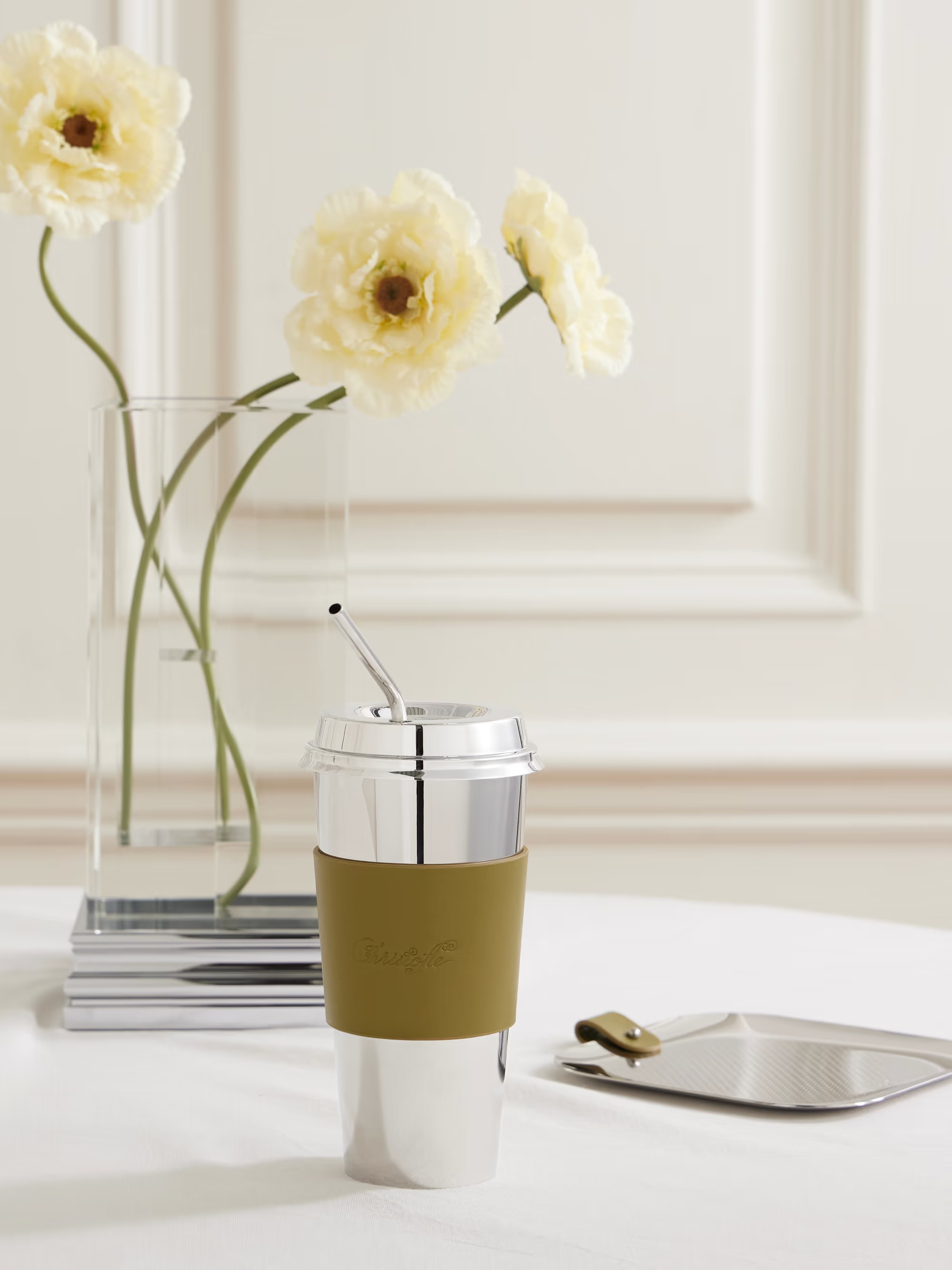 Objets Miroir leather-trimmed stainless steel coffee cup | NET-A-PORTER (UK & EU)