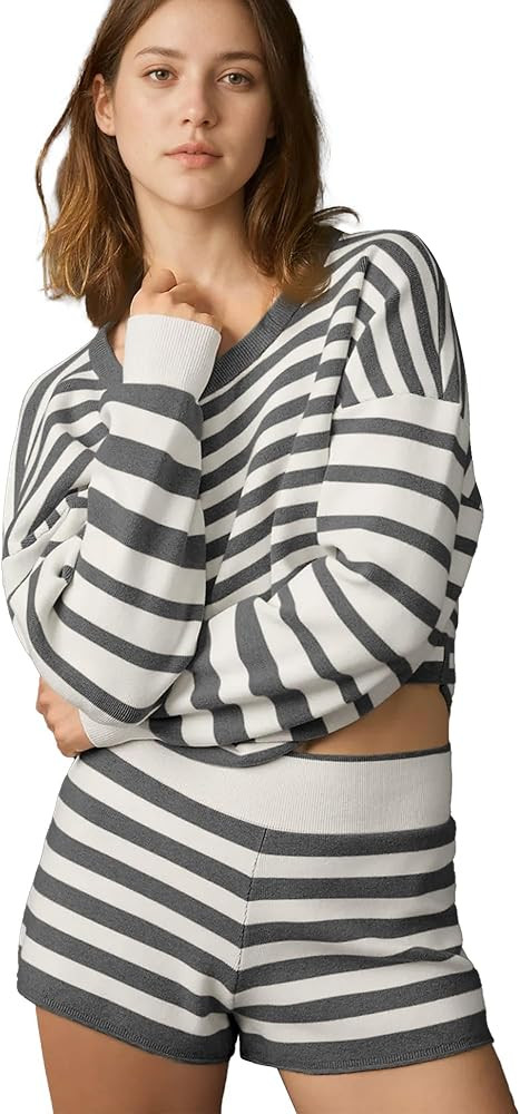 Hixiaohe Lounge Sets for Women 2 Piece Outfits Sweater Set Striped Tops Shorts Matching Pajama Wo... | Amazon (US)