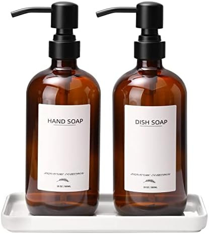 Glass Soap Dispenser with Ceramic Vanity Tray and Stainless Steel Pump, Kitchen Soap Dispenser Se... | Amazon (US)