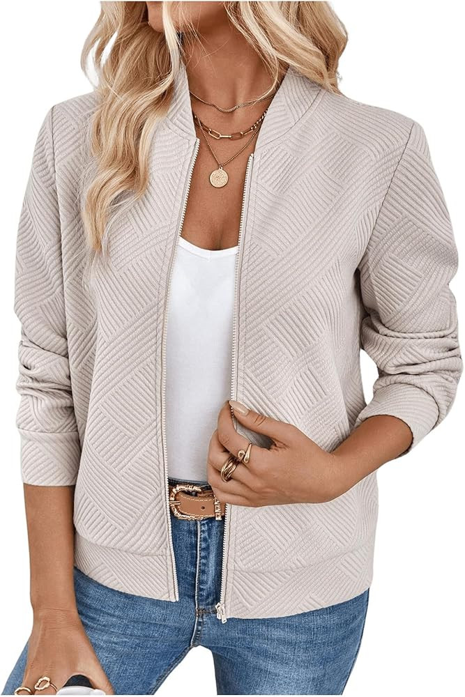 Verdusa Women's Zip Up Textured Lightweight Bomber Jacket Casual Long Sleeve Outerwear | Amazon (US)