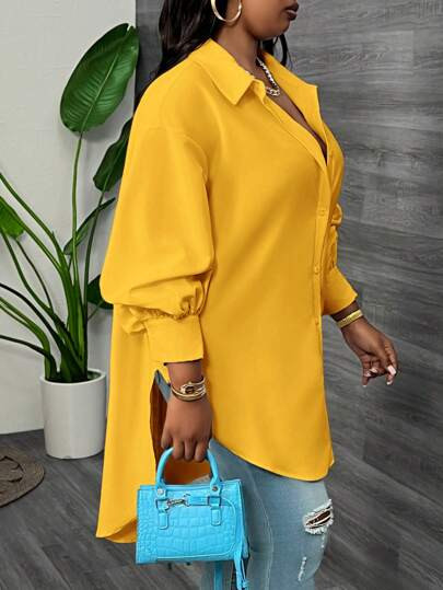 Slaydiva Elegant & Commute & Party & Daily Loose Solid White Lantern Sleeve Asymmetric Hem Long B... | SHEIN