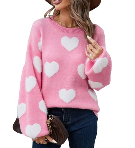 Cute Heart Sweater for Women Long Sleeve Crewneck Knitted Pullover Shirt Valentines Love Romantic Sweaters(Loose Pink,L) | Amazon (US)