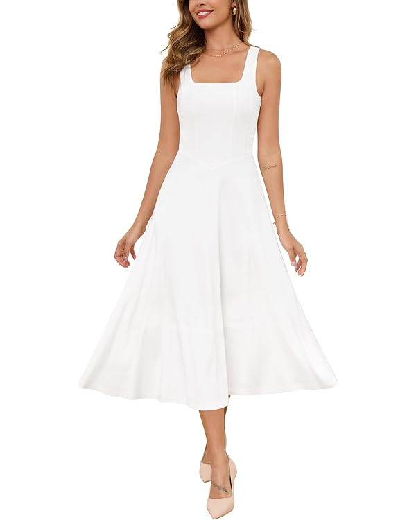 Zattcas Womens 2025 Spring Summer Square Neck Sleeveless Flowy Swing Midi Dress Wedding Guest Pro... | Amazon (US)