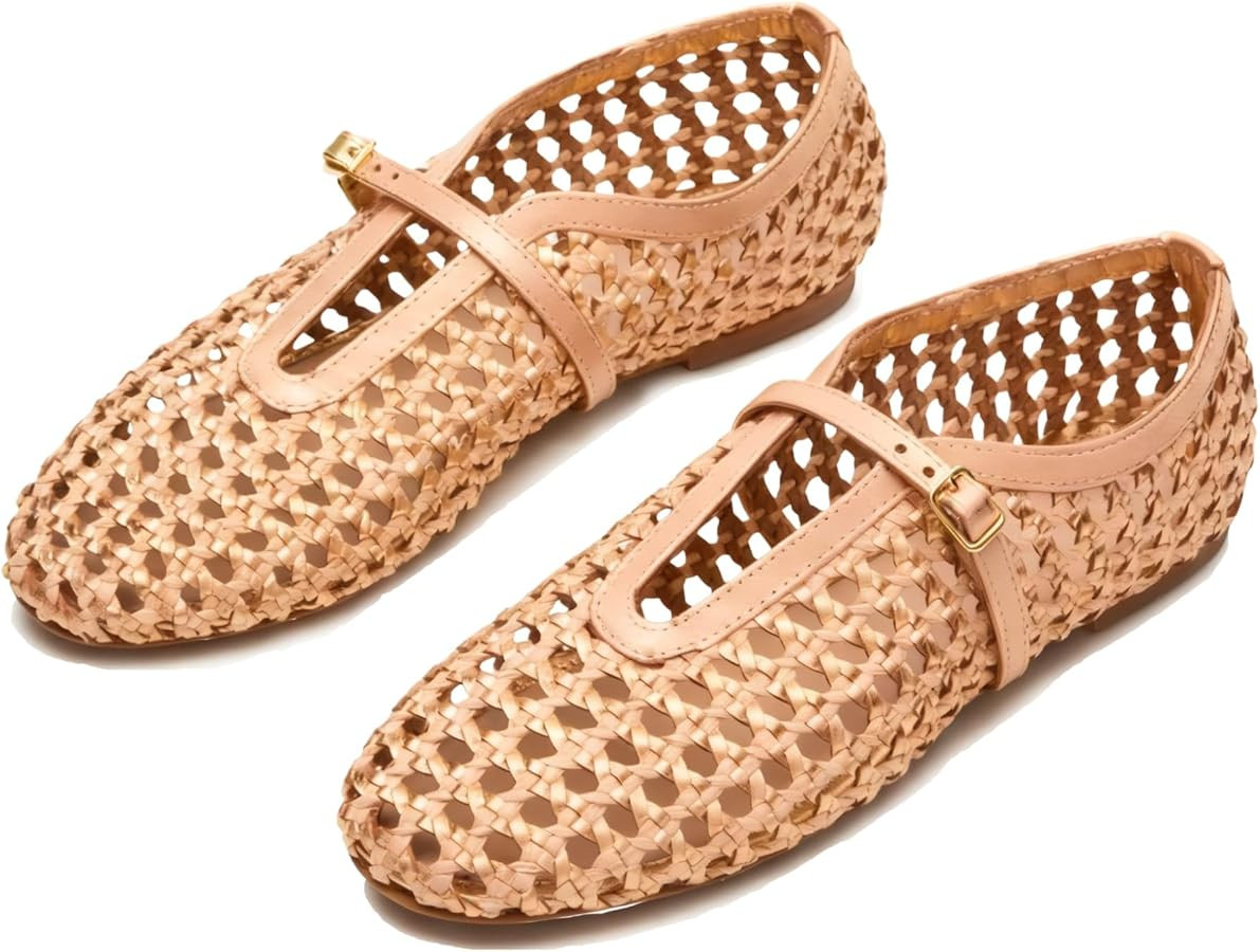 Feathos Mesh Ballet Flats for Women Woven Mary Jane Flats T-Strap Design Breathable Comfortable S... | Amazon (US)