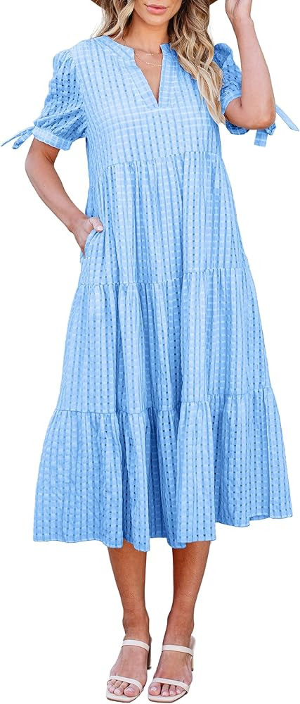 ECOWISH Women Summer Casual Dress - V Neck Short Sleeve Gingham Midi Pleated Tiered Loose Fit Hol... | Amazon (US)