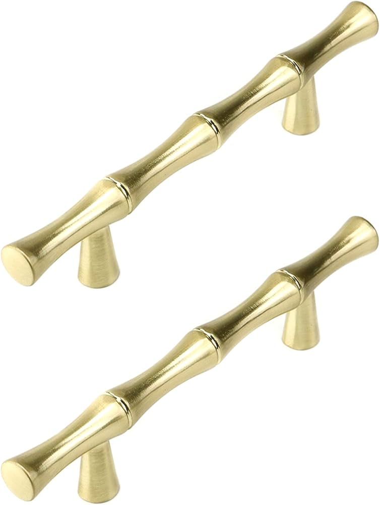 Tighall Zinc Alloy Bamboo Shape Drawer Handle Pull, 3inch Hole Distance Brushed Gold Solid Door P... | Amazon (US)