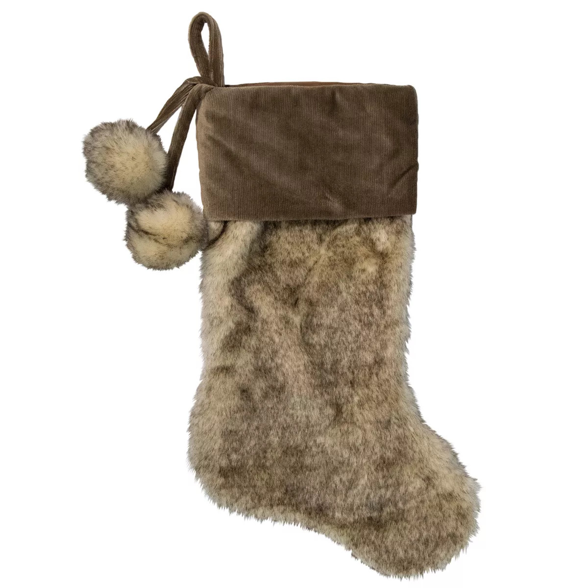 Northlight 20.5" Brown Plush Christmas Stocking with Corduroy Cuff and Pom Poms | Target