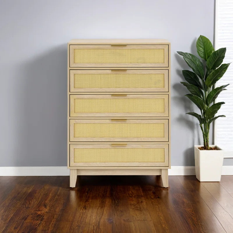 5 Drawer Modern Rattan Wooden Dresser, Spacious Chest of Drawers for Bedroom, Hallway,Living Room | Wayfair North America