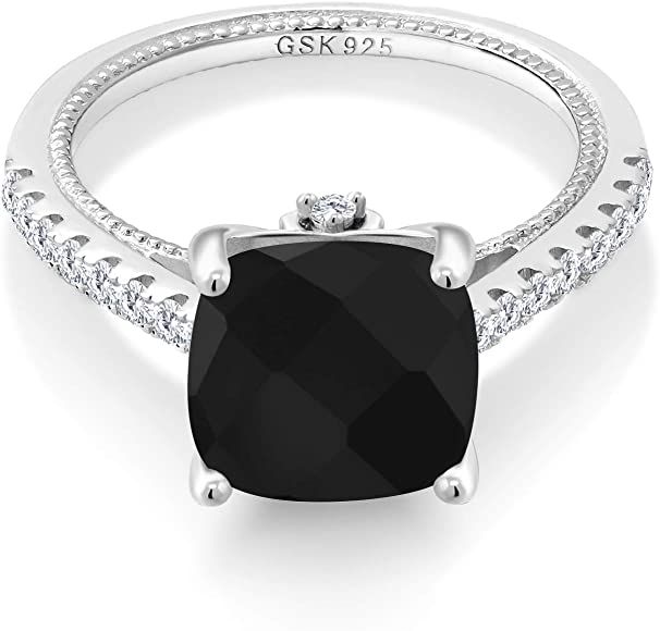 Gem Stone King 925 Sterling Silver Black Onyx and White Created Sapphire Women's Engagement Ring ... | Amazon (US)