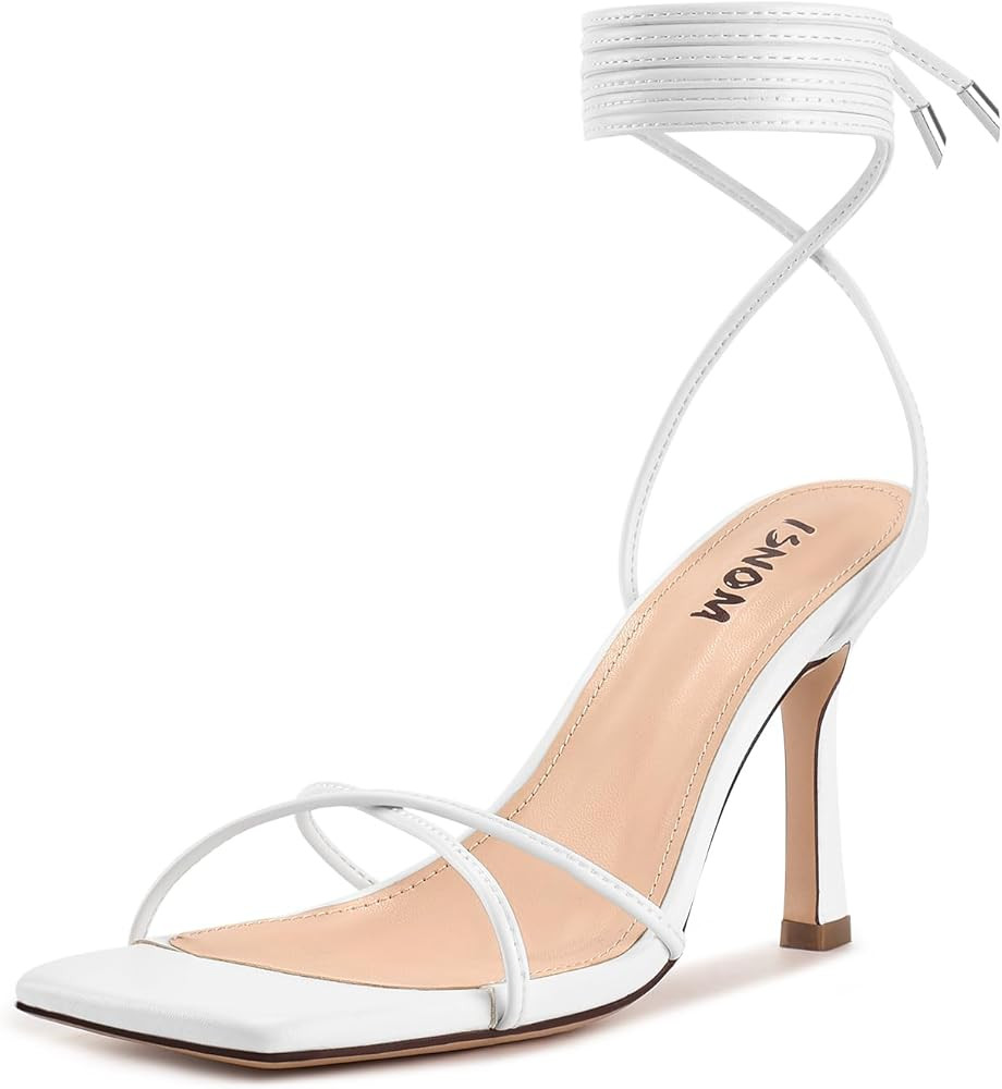ISNOM Lace Up Heels Sandals for Women, Square Toe, Open Toe Thong, Stiletto Heels Design | Amazon (US)