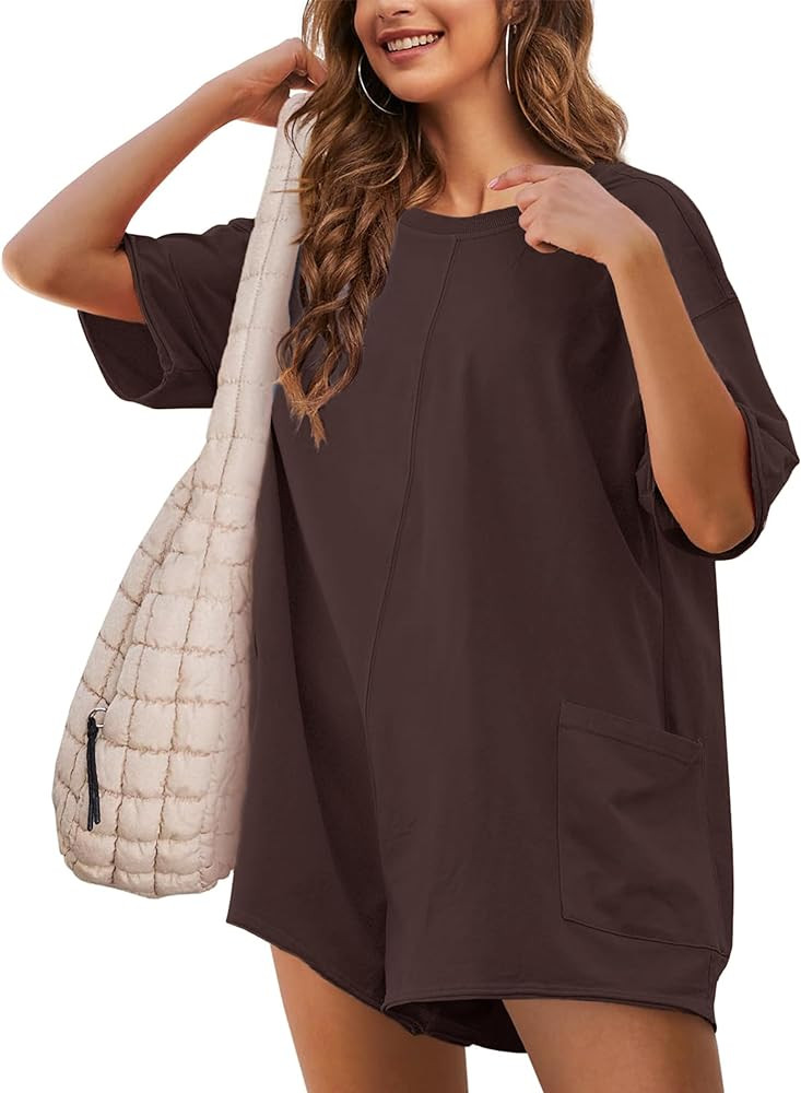 Athletic Jumpsuits Back V Neck Workout T-shirt Rompers Short Sleeve Oversized Onesie Casual Activ... | Amazon (US)