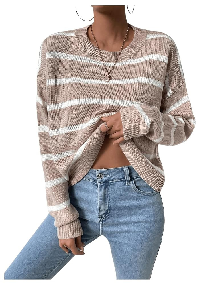 GORGLITTER Women's Striped Drop Shoulder Sweater Oversized Crew Neck Knit Sweaters Pullover Top | Amazon (US)
