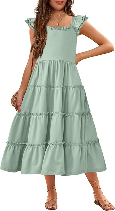 Arshiner Girls Maxi Summer Short Flutter Sleeve Casual Dress with Pockets for 4-14 Y | Amazon (US)
