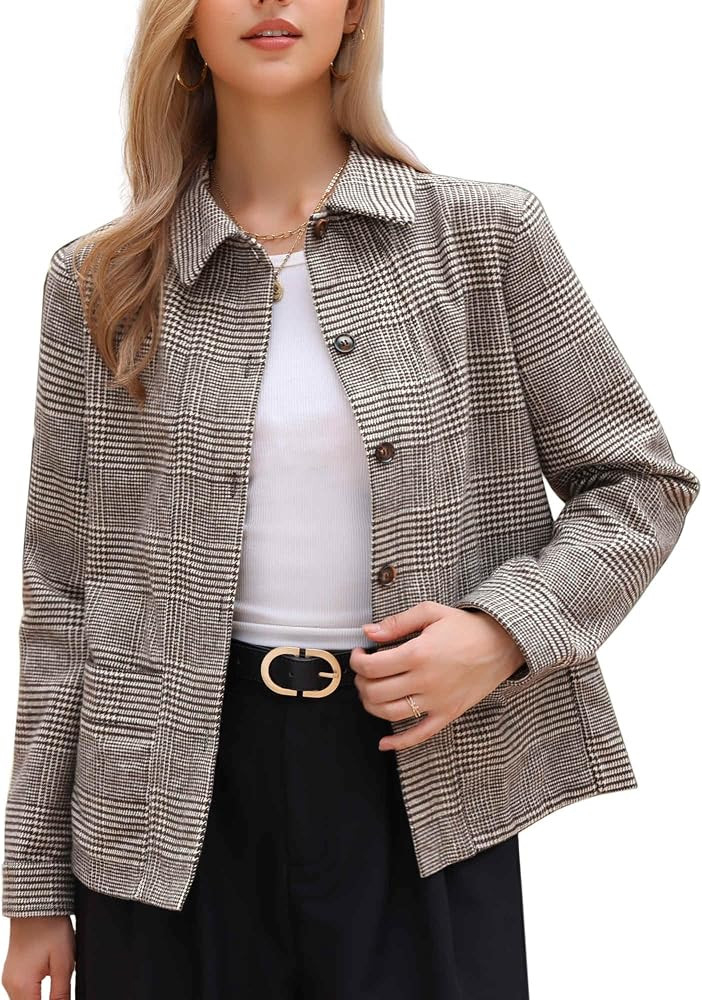 Allegra K Plaid Button Jacket for Women Houndstooth Lapel Trendy Casual Long Sleeve Coat with Poc... | Amazon (US)