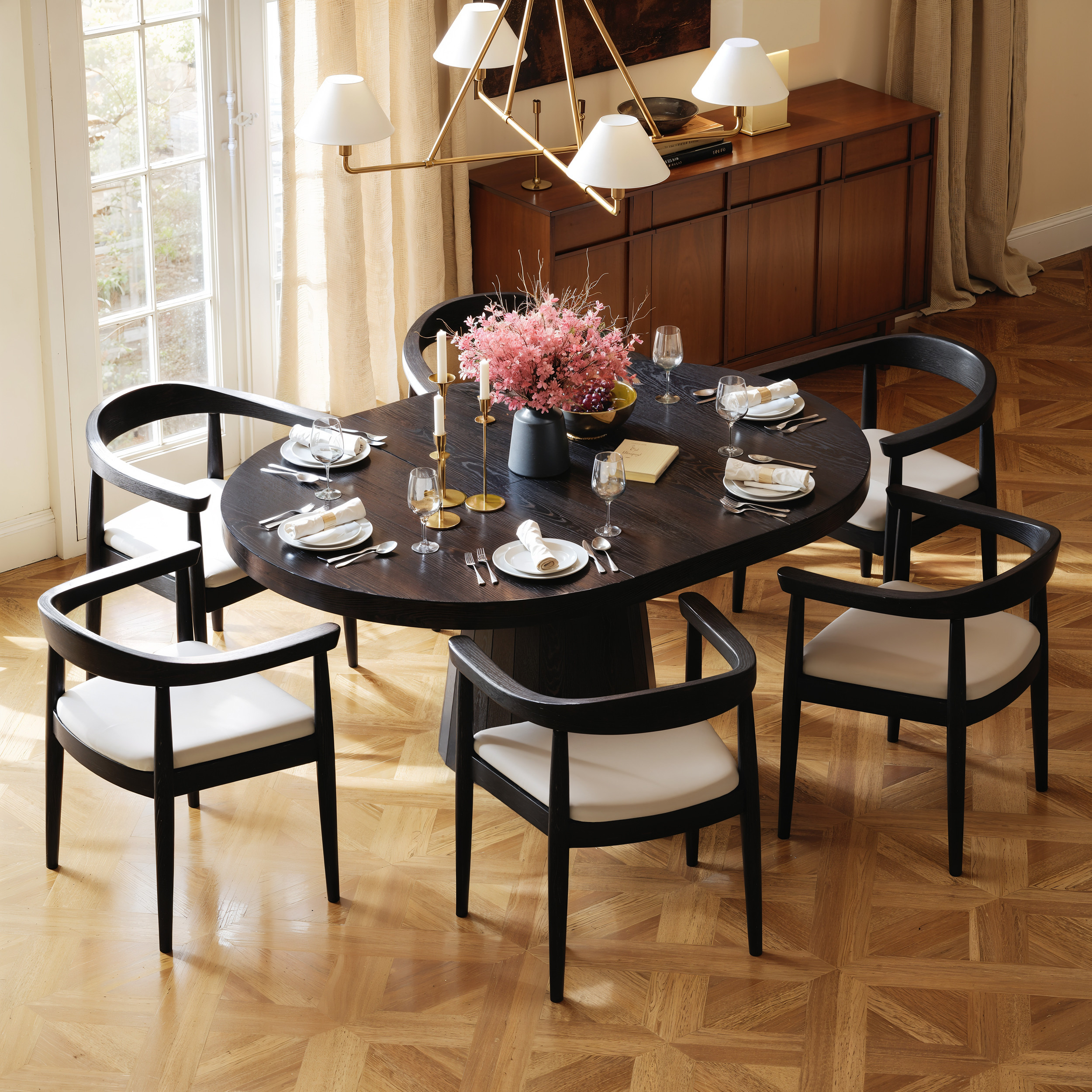 Dining Set 39"-55" Japandi Extendable Dining Table Black with 6 Chairs | Homary