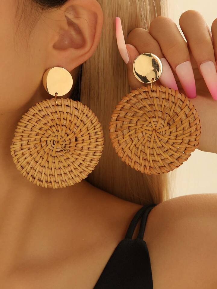 1pair Women's Multicolor Woven Large Round Disc Dangle Earrings | SHEIN