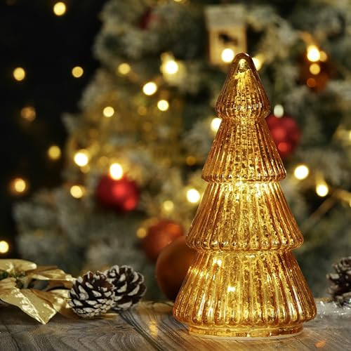 Gold Lighted Mercury Glass Christmas Tree with 6 Hour Timer Battery Operated Light up Xmas Tree Tabletop Christmas Decoration Centerpiece Home Party Mantel Decor, 8 Inches | Amazon (US)