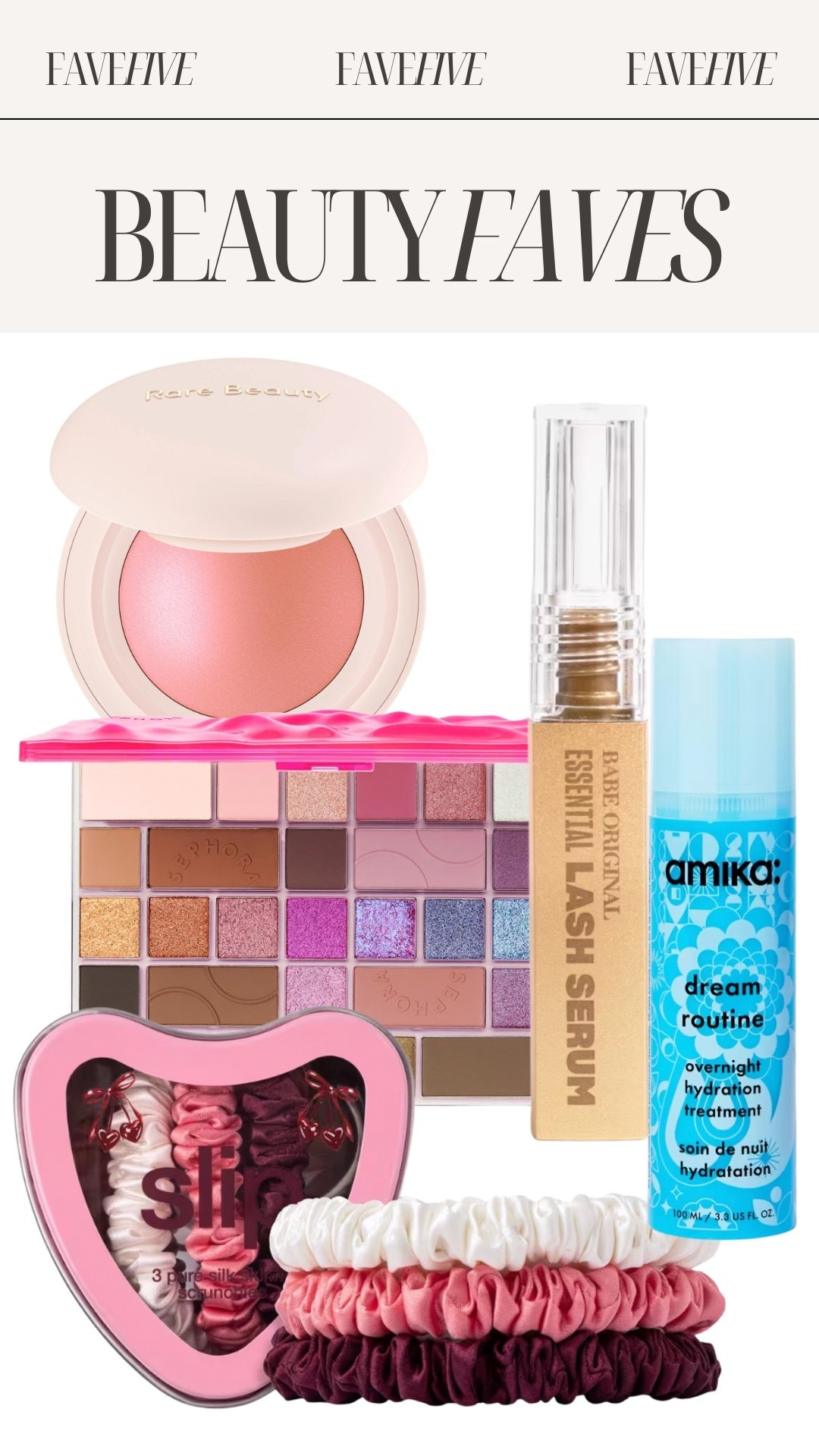 Beauty Fave Five feat. Rare Beauty, Babe Original, Amika, Slip, Sephora, Ulta

#LTKHoliday #LTKBeauty #LTKFindsUnder50
