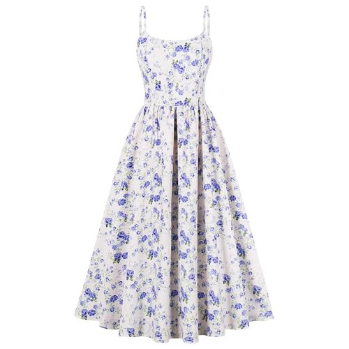 IMEKIS Milkmaid Dress for Women: Corset Floral Dress Bustier Dress Boho Flowy Summer Spaghetti Strap Midi Tea Party Dress Spring Wedding Guest Vintage Holiday Milk Maid Sundress Blue Posy Medium | Amazon (US)