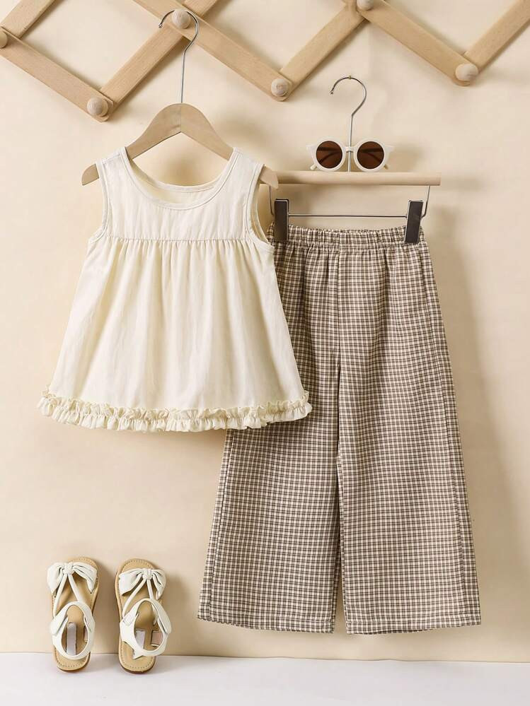 SHEIN 2pcs/Set Young Girl Casual Sleeveless Top And Plaid Pants Outfit, Spring & Summer | SHEIN