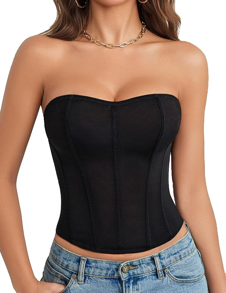 Avidlove Corset Tops for Women Mesh Strapless Bustier Boned Tie Back Top Going Out Party Tops Lin... | Amazon (US)