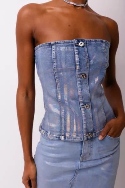 Amy Lynn Mimi Metallic Denim Corset Top | Urban Outfitters (US and RoW)