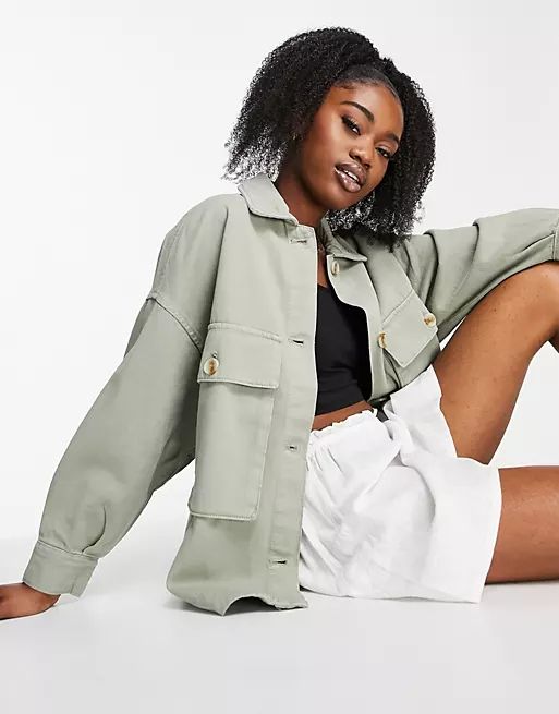 Stradivarius twill oversized cargo jacket in washed khaki | ASOS (Global)