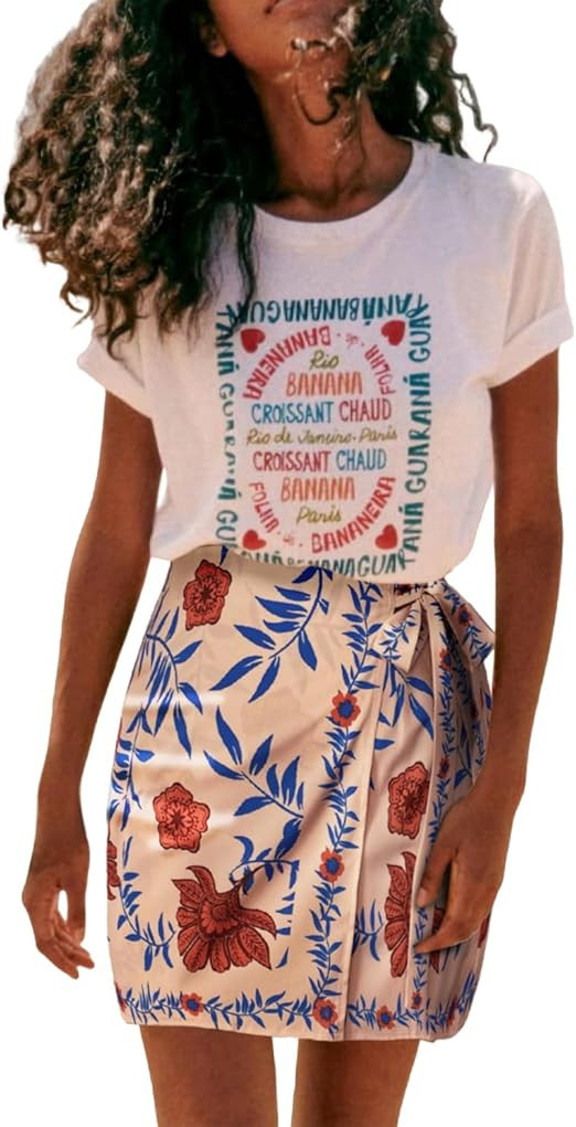 Womens Summer Floral Wrap Short Skirt Tie Side High Waist A Line Beach Vacation Boho Mini Skirt | Amazon (US)