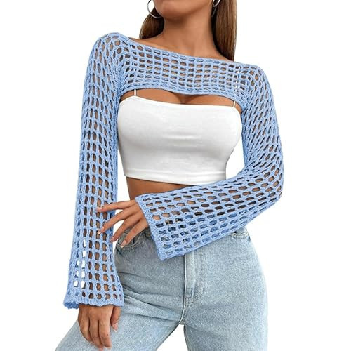 Mincib Womens Crochet Shrug Y2K Hollow Out Bolero Shrug See Through Cropped Knit Sweater Top(Light Blue,L) | Amazon (US)