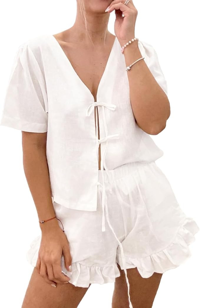 Womens Fashion Shorts Sets 2 Piece Outfits Tie Front Flare Sleeve Top and Ruffled Shorts Cotton P... | Amazon (US)