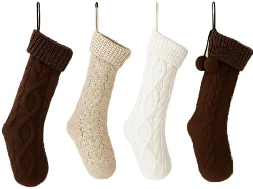 4 Pack Cable Knit Christmas Stockings 18 Inch Farmhouse Large Rustic Neutral Knitted Stockings Or... | Amazon (US)
