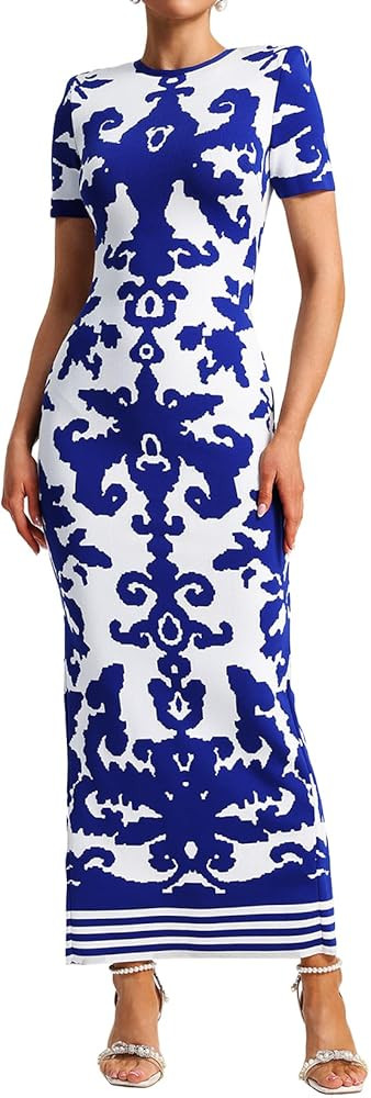 BELLA BARNETT Blue Round Neck Short Sleeve Jacquard Bandage Dress Maxi Bodycon Boho Dress for Eve... | Amazon (US)