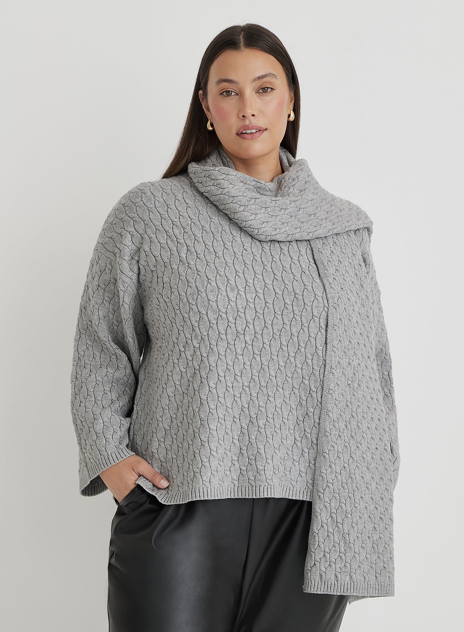 Grey Plus Size Cable Knit Jumper With Scarf- Gabriel | 4th & Reckless