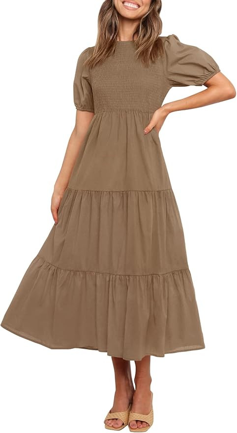 ZESICA Women's Casual Summer Crew Neck Short Puff Sleeve Smocked High Waist Ruffle Tiered A Line ... | Amazon (US)