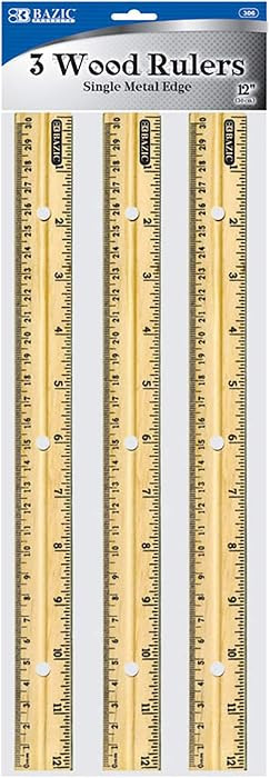 BAZIC Products 12 in Wooden Ruler, Metal Edge, Inch & Metric, 3 Pack | Amazon (US)