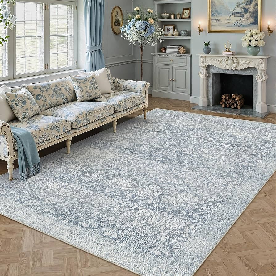 Blue Area Rug 6x9 Washable Neutral Living Room Vintage Non Slip Carpet Low Pile Soft Thin Indoor ... | Amazon (US)
