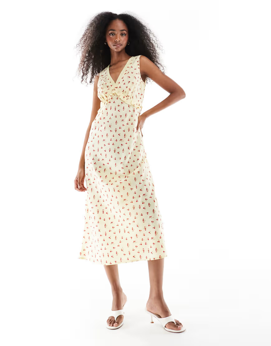 Wednesday's Girl ditsy floral v-neck midi dress in yellow | ASOS (Global)