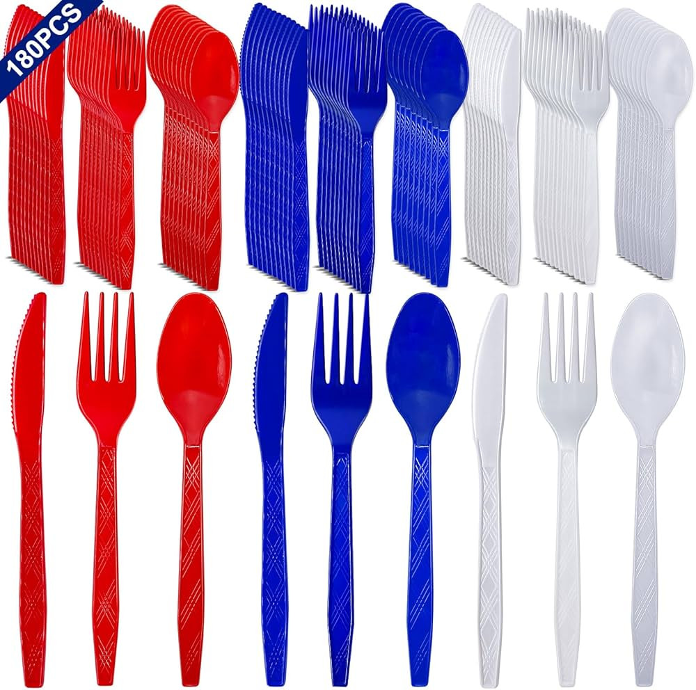 180 Pcs 4th of July Party Supplies, Patriotic Red White and Blue Disposable Cutlery Set, 250th An... | Amazon (US)