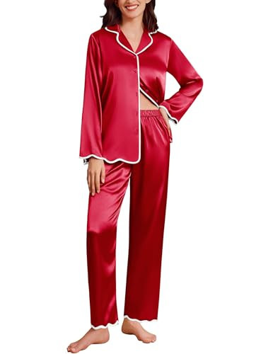 Ekouaer Satin Pajamas Set Silk Long Sleeve Pajama Set Silky Button Down Pj Set Red Silk Pajamas Set for Women XX-Large | Amazon (US)