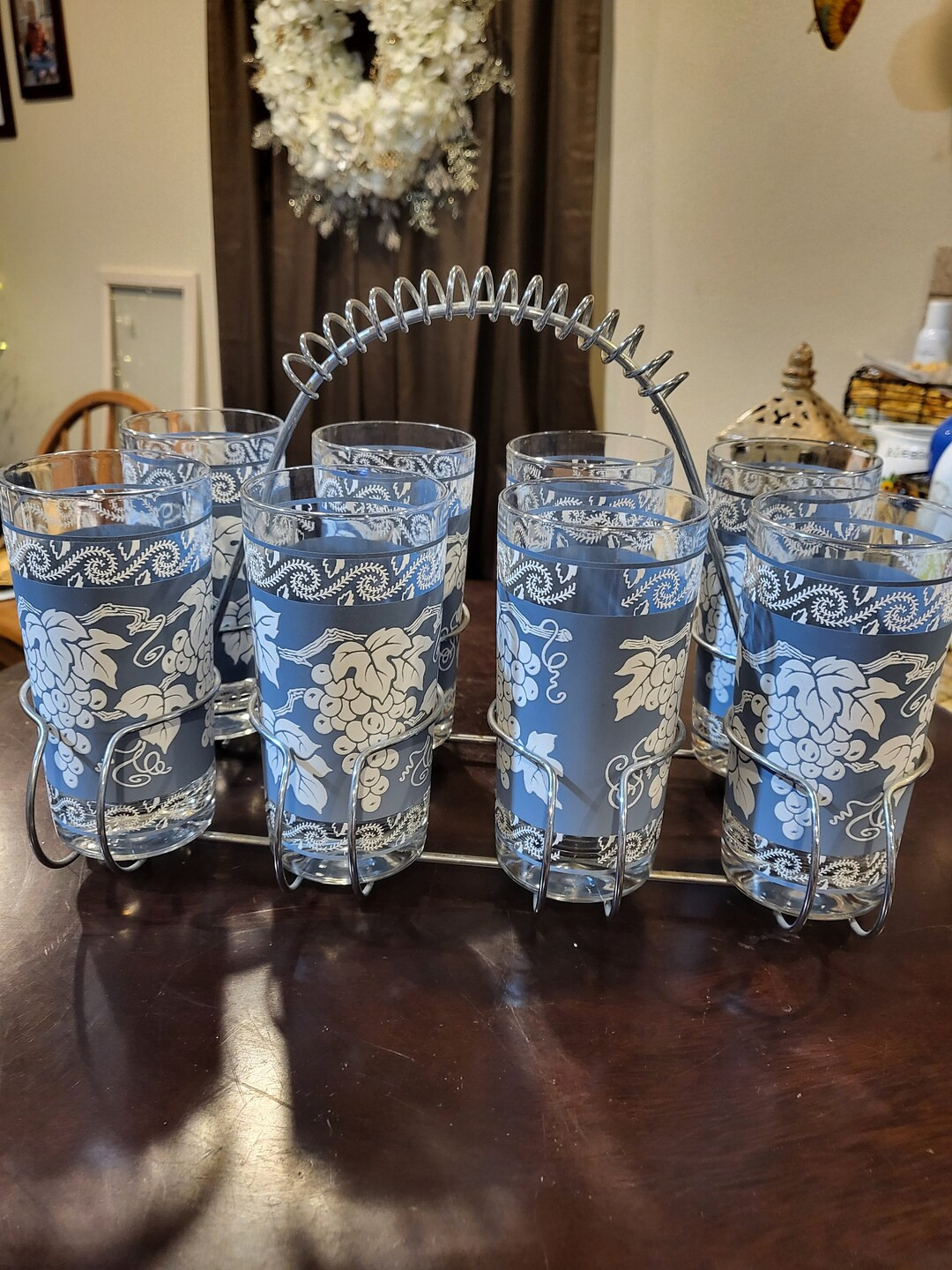 Vintage Jeannette Wedgwood Blue Grapevine Glasses in Caddy - Etsy | Etsy (US)