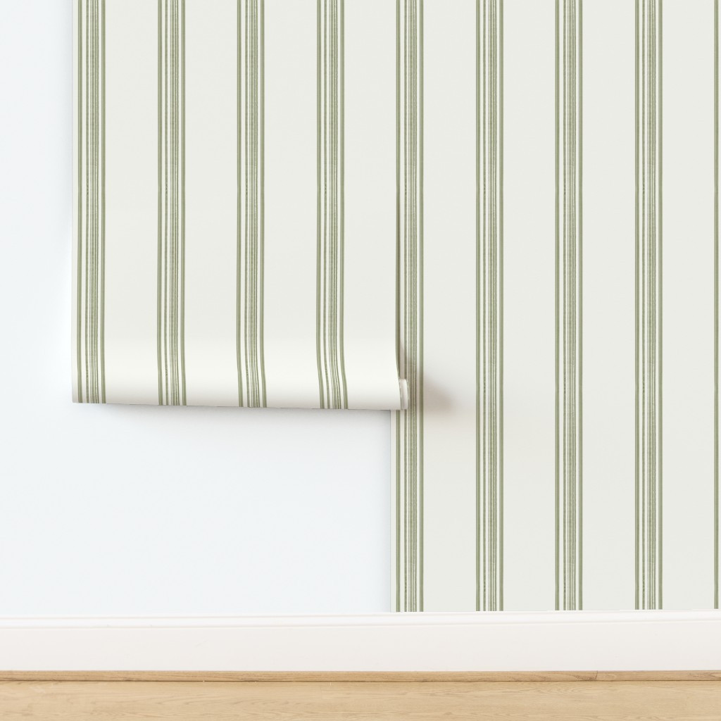 Traditional Textured Olive Green Vertical Stripe On Cream White (large) Wallpaper bysassy_kea | Spoonflower