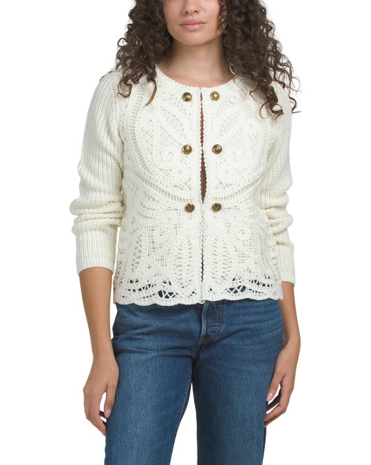 Wool Blend Long Sleeve Crew Neck Novelty Crochet Cardigan | TJ Maxx