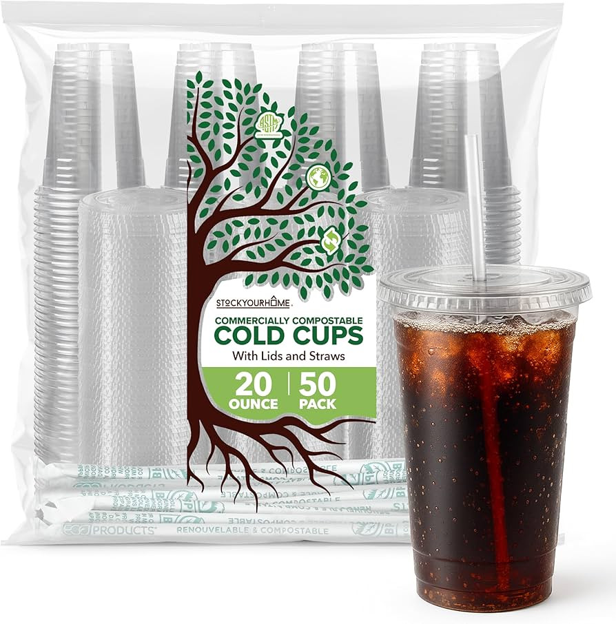 Stock Your Home 20 oz Clear Commercially Compostable Cups with Lids and Straws (Set of 50) Plant ... | Amazon (US)