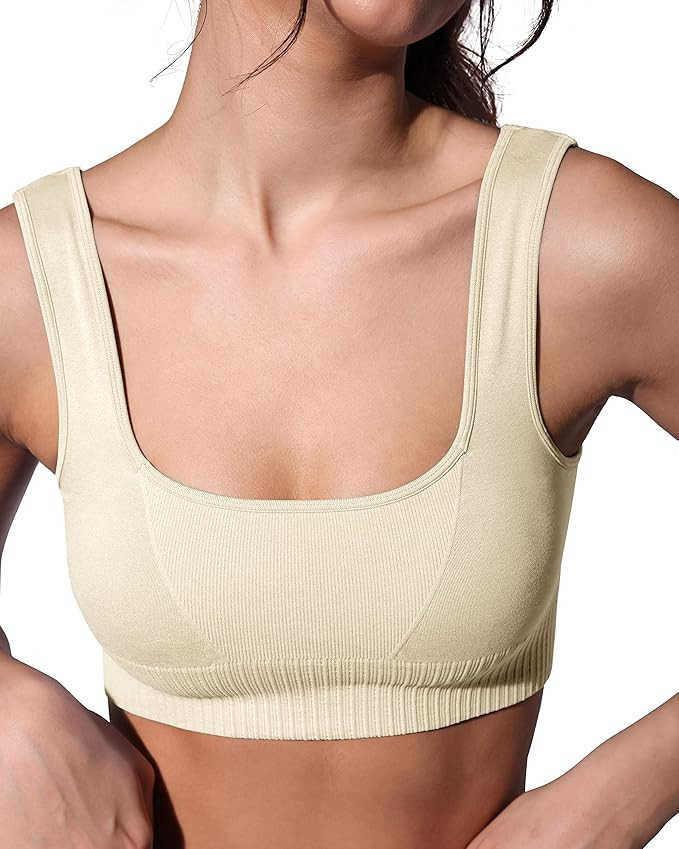 ODODOS Seamless Square Neck Sports Bra for Women Ribbed Crop Tank Casual Low Back Cropped Tops | Amazon (US)