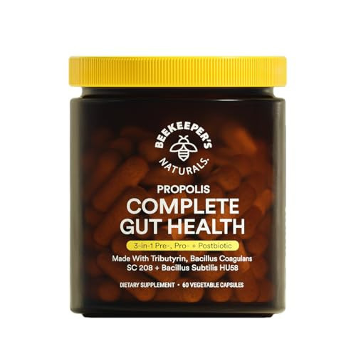 Complete Gut Health by Beekeeper's Naturals, 3-in-1 Prebiotic, Postbiotic, Probiotics for Digestive Health & Bloating Relief for Women & Men, Propolis Powered, Gluten-Free Vegan Capsules, 60ct | Amazon (US)