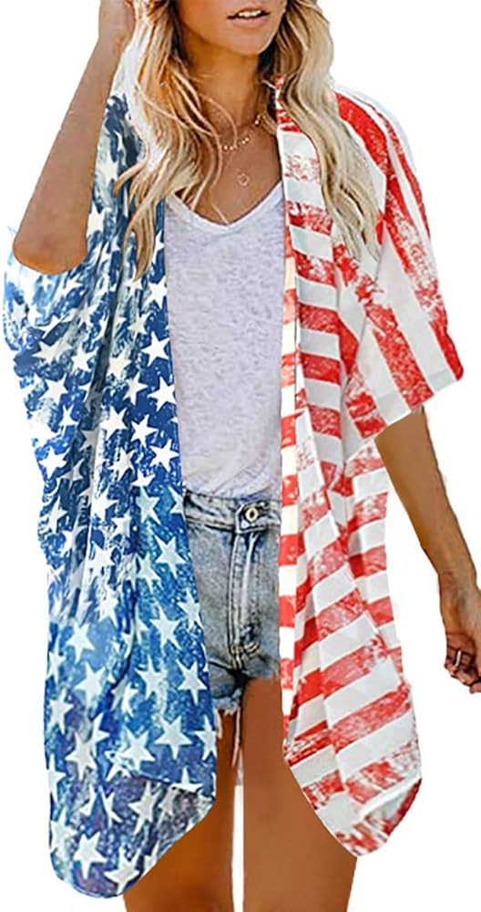 Women's Floral Print Puff Sleeve Kimono Cardigan Loose Cover Up Casual Blouse Tops | Amazon (US)