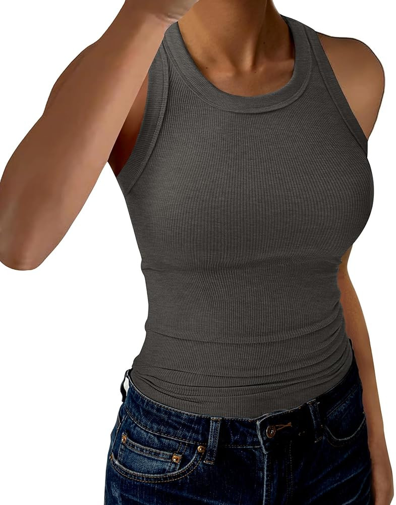 Womens Tank Tops High Neck Sleeveless Ribbed Tank Casual Basic Thick Strap Slim Fitted Racerback ... | Amazon (US)