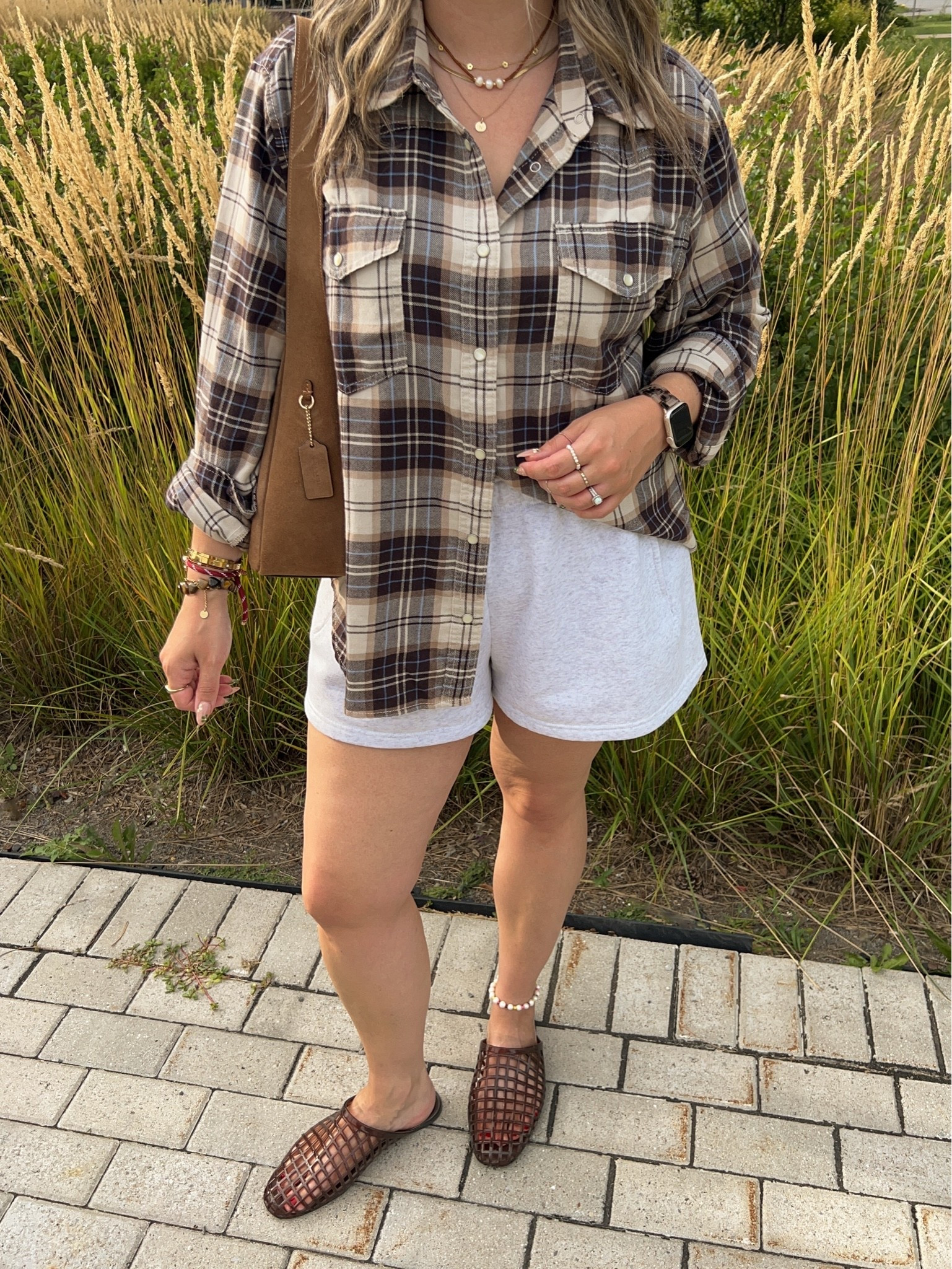 Early fall outift! Flannel is a more fitted style so I sized up to XL for this oversized look. Wearing L in the shorts. I’m a 9.5-10 shoe and wear a 10 in the jelly shoes (exact Canadian shoes link under “similar products”)

#LTKfall #LTKsale #LTKmidsize